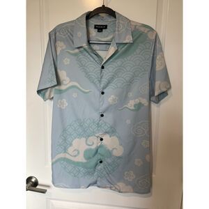 Pacsun Men's Anime Cloud Print Blue Short Sleeve Button Down
